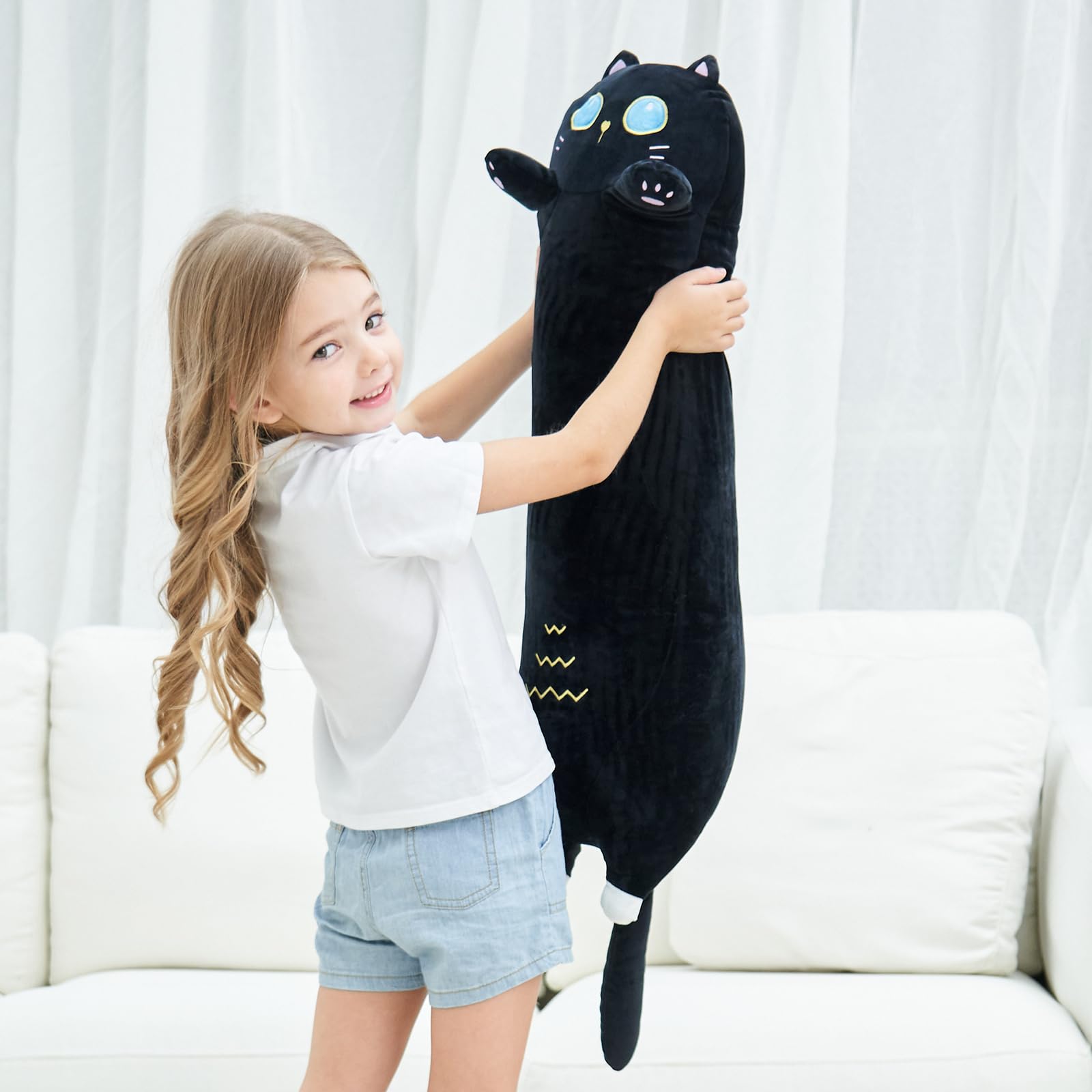 FFxiong 36" Black Long Cat Stuffed Animal Plush Toy Soft Body Pillow, Cute Cat Throw Pillow, Plushies Doll Gift for Girlfriend Kids Girls Boys Birthday Valentines Christmas