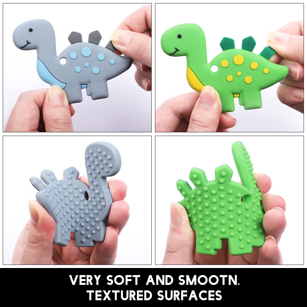 AmazingM Green and Gray Dinosaur Sensory Chew Teether,2 Pack Food Grade Silicone Safety Chewy Teething Toys for Kids Toddlers with Autism, ADHD,Oral Motor,Teething,Biting Needs