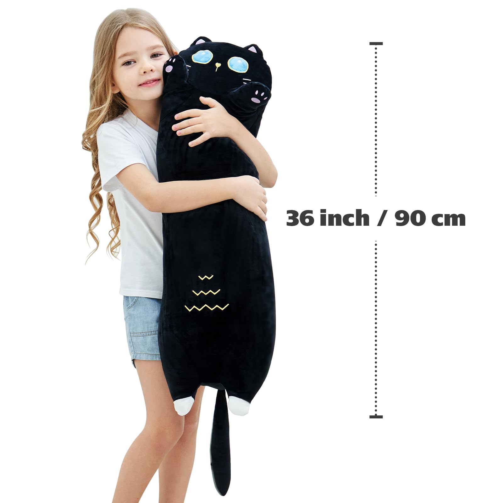 FFxiong 36" Black Long Cat Stuffed Animal Plush Toy Soft Body Pillow, Cute Cat Throw Pillow, Plushies Doll Gift for Girlfriend Kids Girls Boys Birthday Valentines Christmas