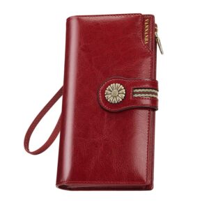 VANNANBA Large Capacity Clutch Wallet For Women RFID Blocking Waxed Genuine Leather Zipper Wallet Ladies Card holder (red)