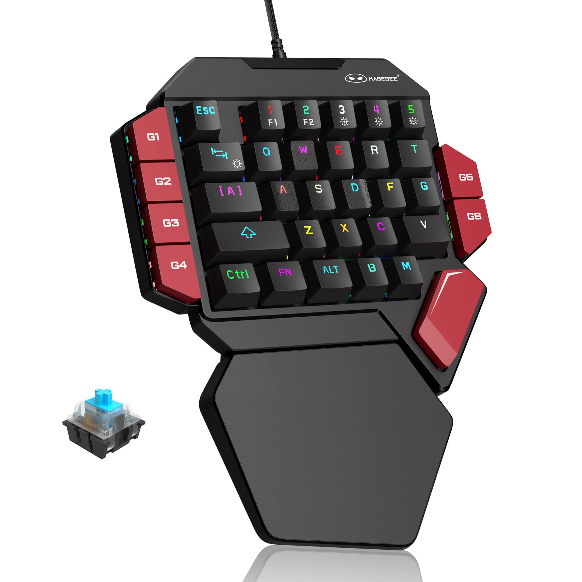 MageGee One Handed Professional Gaming Keyboard, RGB Backlit 35 Keys Mini Wired Mechanical Keyboard with Blue Switch for PC Gamer, Support 6 Macro Keys - Black/Red