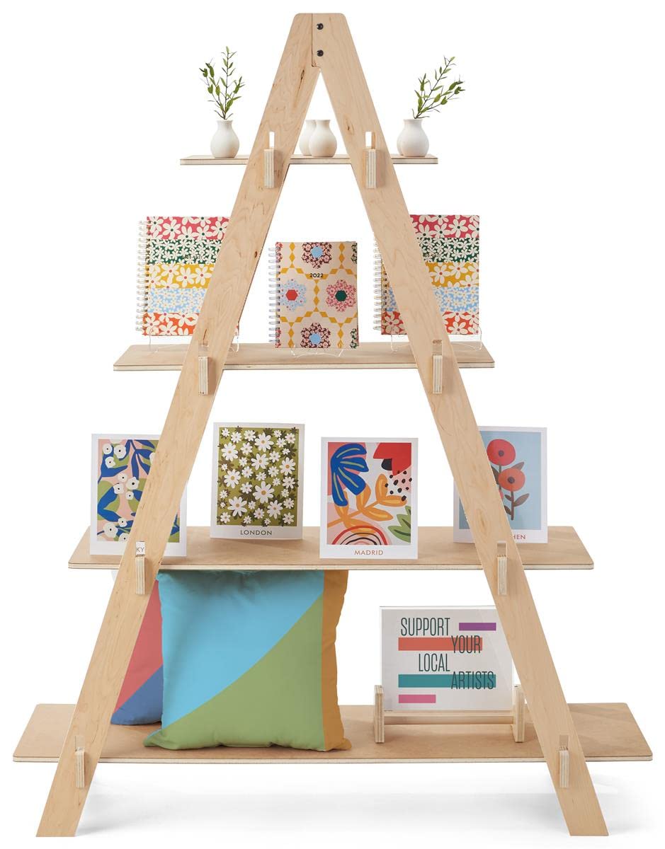 Displays2go Dandelion A-Frame Ladder Shelf Fixture, Eco-Friendly Plywood Material, Knockdown Design - Natural (DBAFSH1)