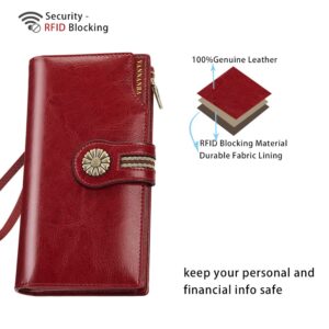 VANNANBA Large Capacity Clutch Wallet For Women RFID Blocking Waxed Genuine Leather Zipper Wallet Ladies Card holder (red)