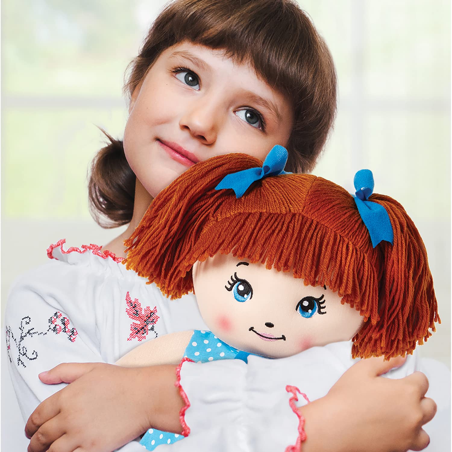 LOVE & HUG 17" Huggable Soft Doll | Stuffed Plush Doll with Blue Dress and Soft Yarn Hair | Baby Doll Toy for Kids and Toddlers to Love and Hug