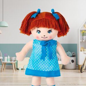 LOVE & HUG 17" Huggable Soft Doll | Stuffed Plush Doll with Blue Dress and Soft Yarn Hair | Baby Doll Toy for Kids and Toddlers to Love and Hug