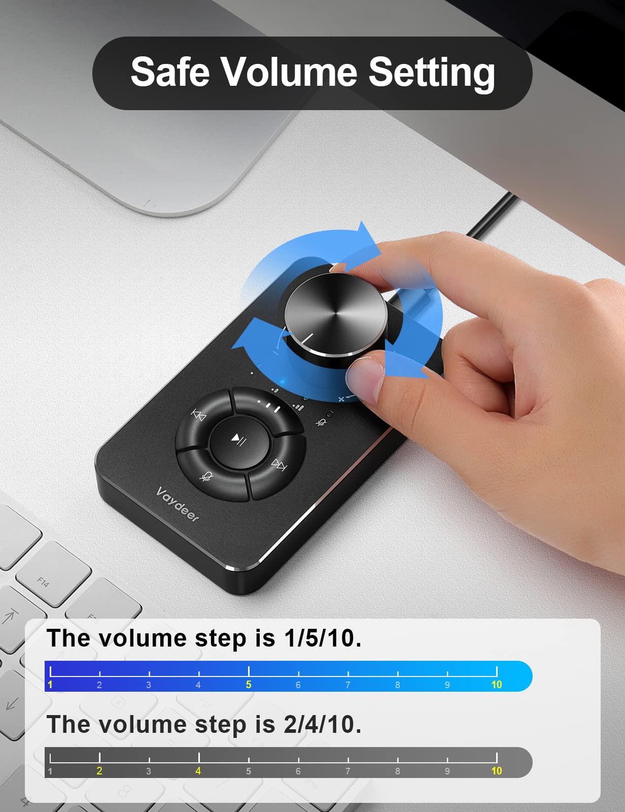 Vaydeer Multimedia Controller Knob with Mic-Mute Function and Safe Volume Range Setting, USB C Port Audio Adjuster Volume Controller Compatible with Win 7/8/10/11 and Mac OS.
