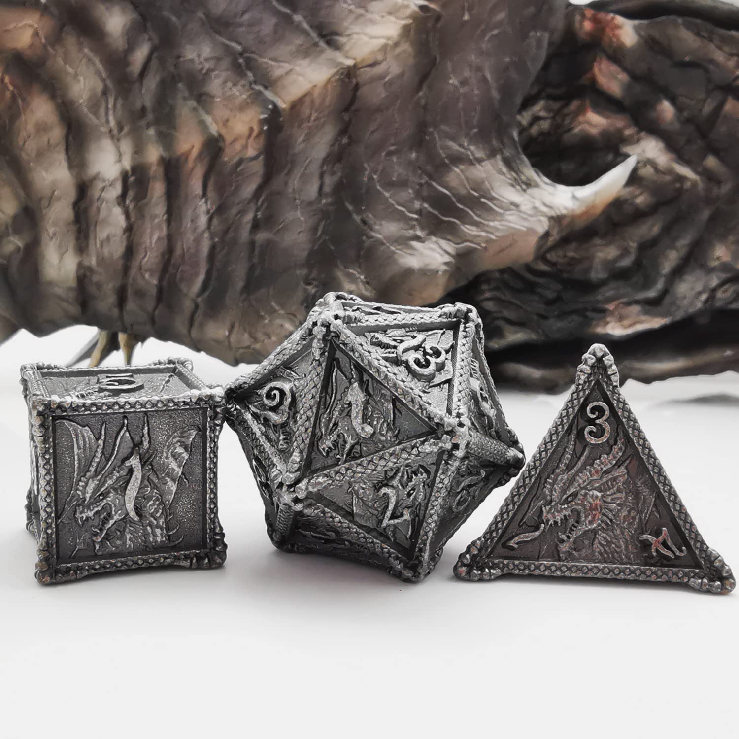 HAOMEJA Dice DND Metal Dragon Set Dice 7 Role Playing Dice D&D Solid Dice Dungeons and Dragons (Antique Iron)