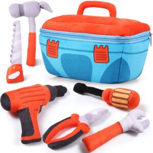 7 Pcs My 1st Toolbox Playset Stuffed Construction Tools Plush Toy Including Drill, Screwdriver, Handsaw, Hammer, Wrench, Plier and Zippered Tool Box for Toddlers Kids Birthday Party Favor