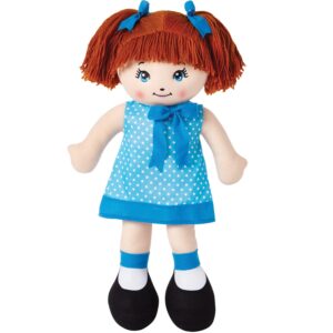 love & hug 17" huggable soft doll | stuffed plush doll with blue dress and soft yarn hair | baby doll toy for kids and toddlers to love and hug