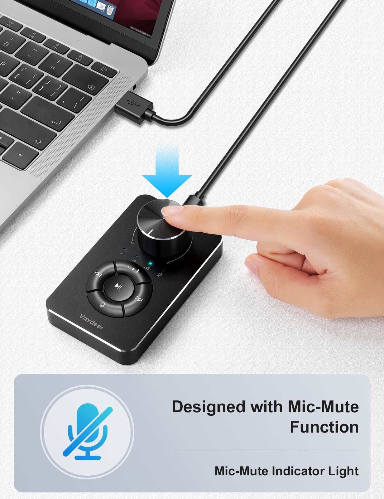 Vaydeer Multimedia Controller Knob with Mic-Mute Function and Safe Volume Range Setting, USB C Port Audio Adjuster Volume Controller Compatible with Win 7/8/10/11 and Mac OS.