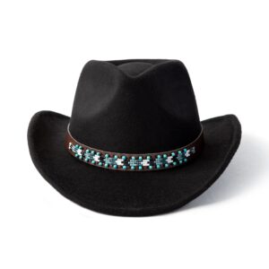 Gossifan Western Cowboy & Cowgirl Hat Felt Wide Brim Women Men Fedora Hats-B Belt Black