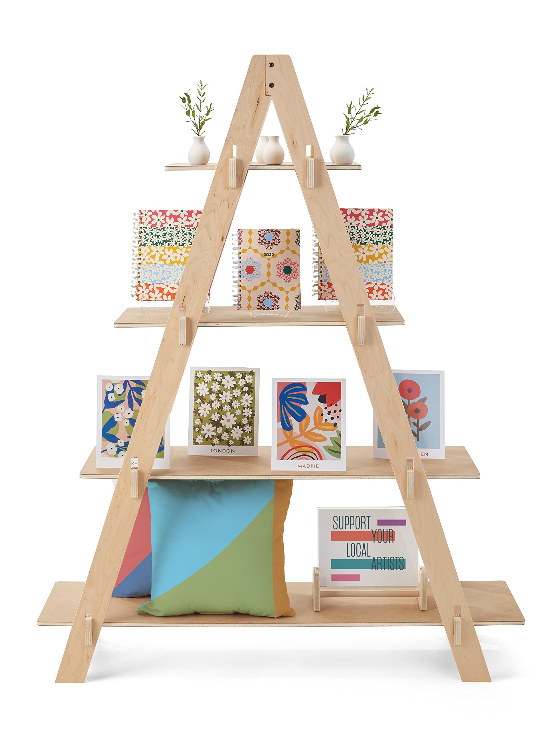 Displays2go Dandelion A-Frame Ladder Shelf Fixture, Eco-Friendly Plywood Material, Knockdown Design - Natural (DBAFSH1)