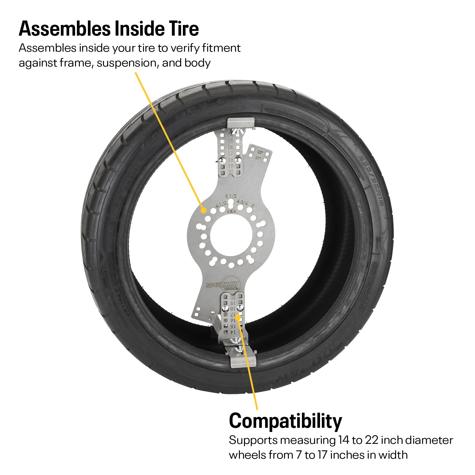 WheelWise™ Wheel Fitment Simulator Tire/Rim Fit Size Measuring Mockup Tool, Supports 14 to 20 Inch Wheel Diameters and 7 to 10 Inch Wheel Widths, 5-Lug Wheel Bolt Pattern