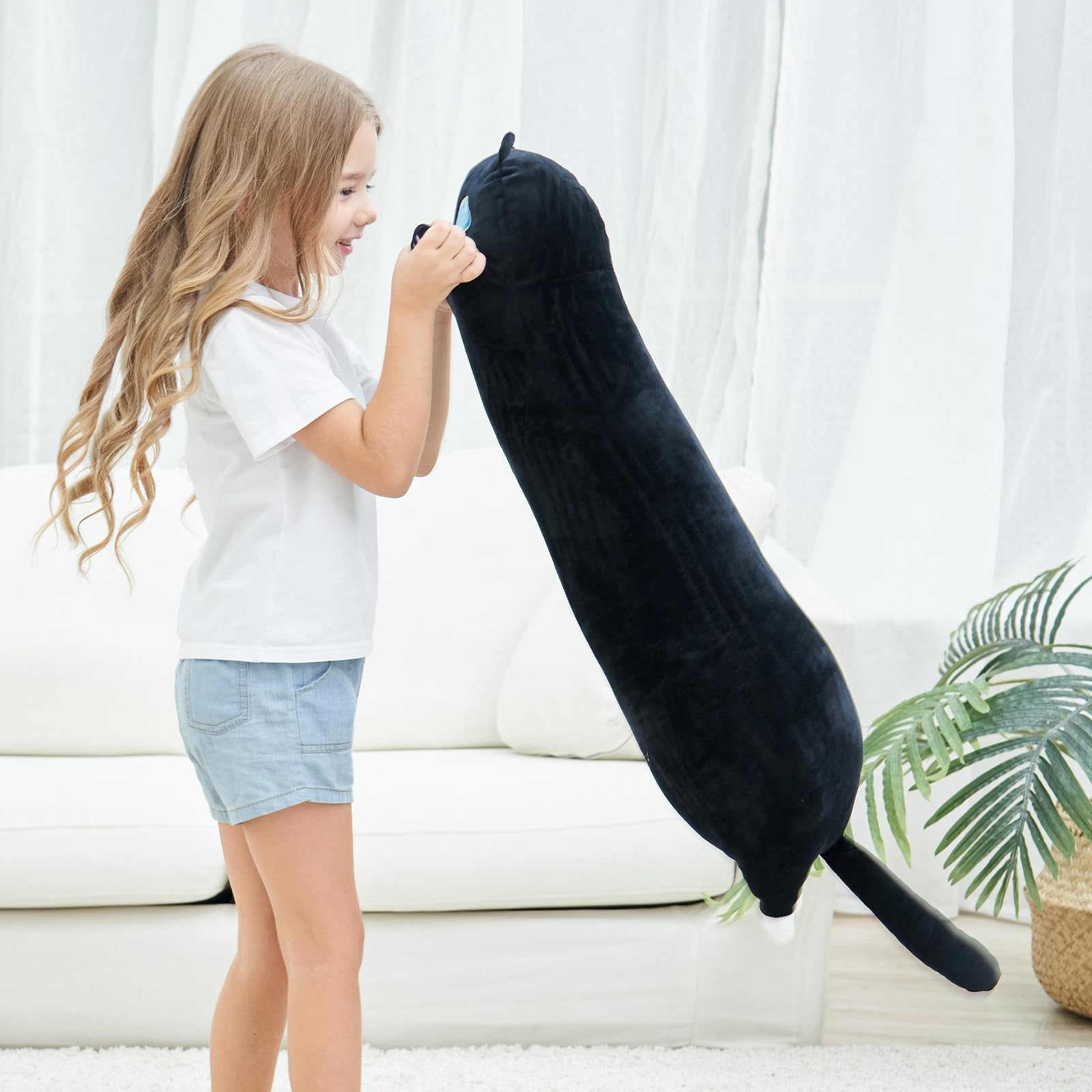 FFxiong 36" Black Long Cat Stuffed Animal Plush Toy Soft Body Pillow, Cute Cat Throw Pillow, Plushies Doll Gift for Girlfriend Kids Girls Boys Birthday Valentines Christmas