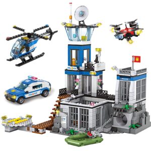 city police prison island building blocks set, police station building toy kit with police car drone helicopter boats, best preschool toys gift for kids, boys, and girls aged 6+ (946 pieces)