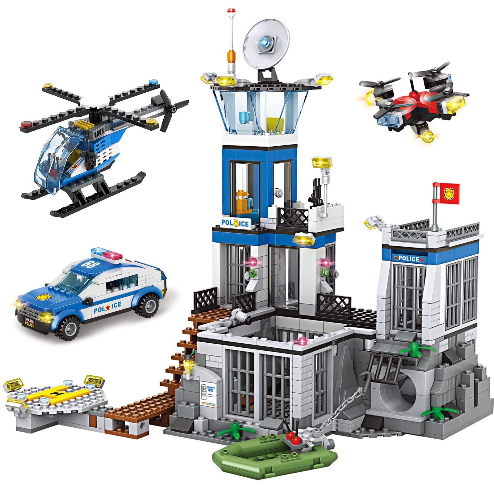 City Police Prison Island Building Blocks Set, Police Station Building Toy Kit with Police Car Drone Helicopter Boats, Best Preschool Toys Gift for Kids, Boys, and Girls Aged 6+ (946 Pieces)