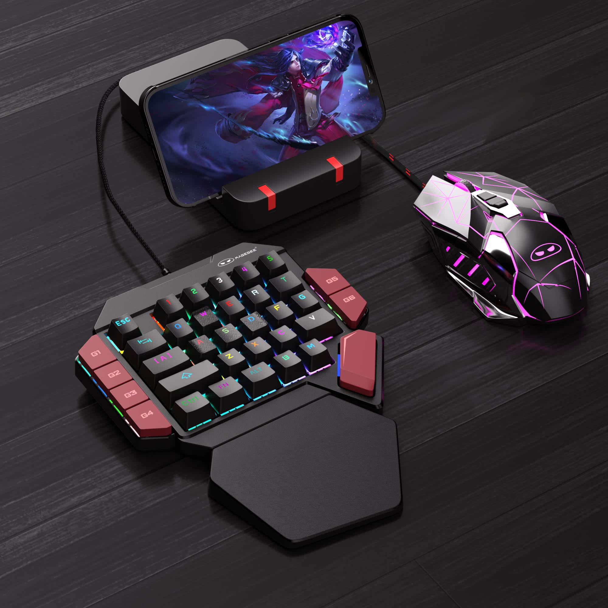 MageGee One Handed Professional Gaming Keyboard, RGB Backlit 35 Keys Mini Wired Mechanical Keyboard with Blue Switch for PC Gamer, Support 6 Macro Keys - Black/Red