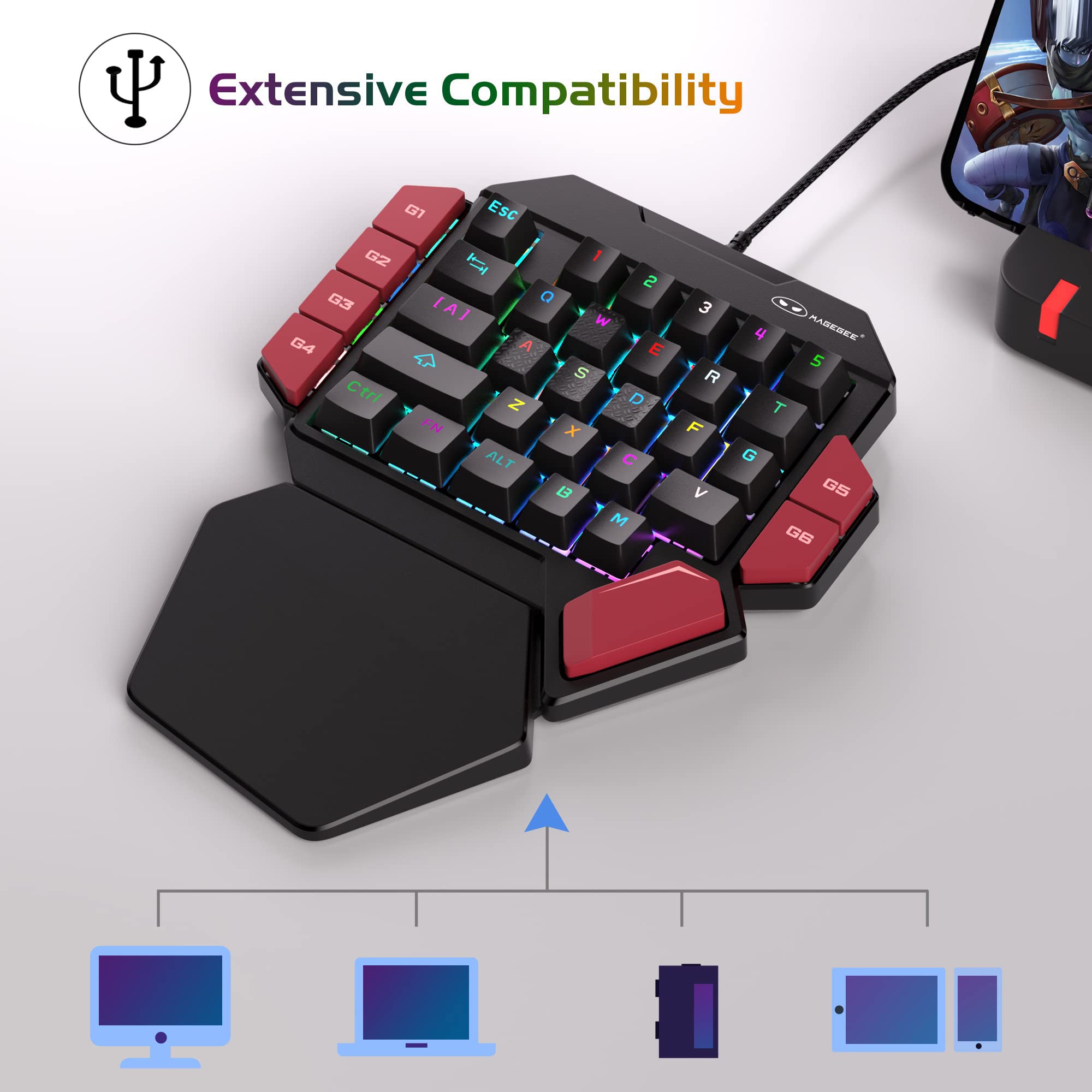 MageGee One Handed Professional Gaming Keyboard, RGB Backlit 35 Keys Mini Wired Mechanical Keyboard with Blue Switch for PC Gamer, Support 6 Macro Keys - Black/Red