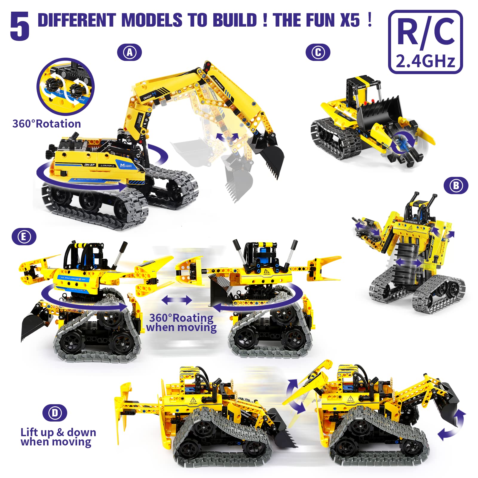 LECPOP 5 in 1 Building Toys STEM Robotics Kit, 430 PCS Blocks RC Robot Erector Sets, APP & Remote Control Excavator Science Kits for Kids Age 6 7 8 9 10 11 12-14, DIY Educational Gift for Boys & Girls