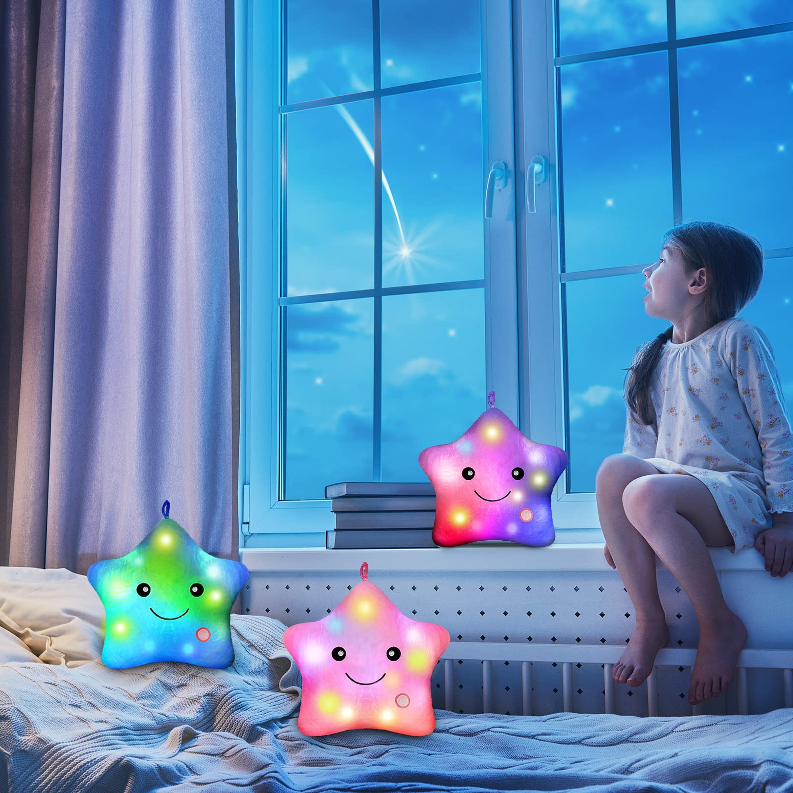 Juexica 3 Pcs 13 Inch LED Star Soft Plush Pillows Light up Twinkle Star Throw Pillows Star Pillow Night Light Glowing Cushions Stuffed Pillow for Kids Birthday Gifts Room Home Office Decoration