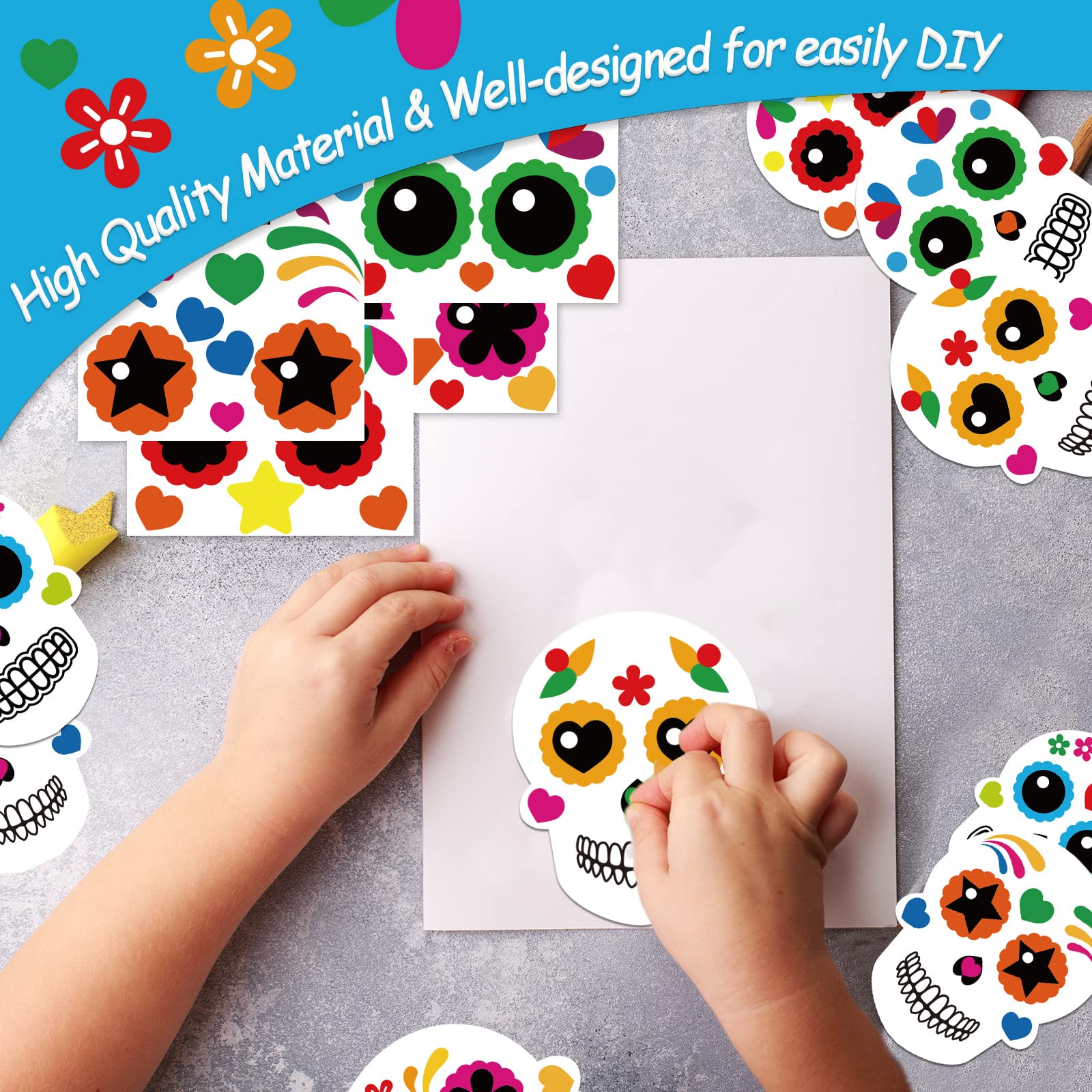 chiazllta 30 Pcs Sugar Skull Craft Kits Kids DIY Day of The Dead Craft, Kindergarten Art Craft Make Your Own Mexican Skull Set for Home Class Game Activities Preschoolers