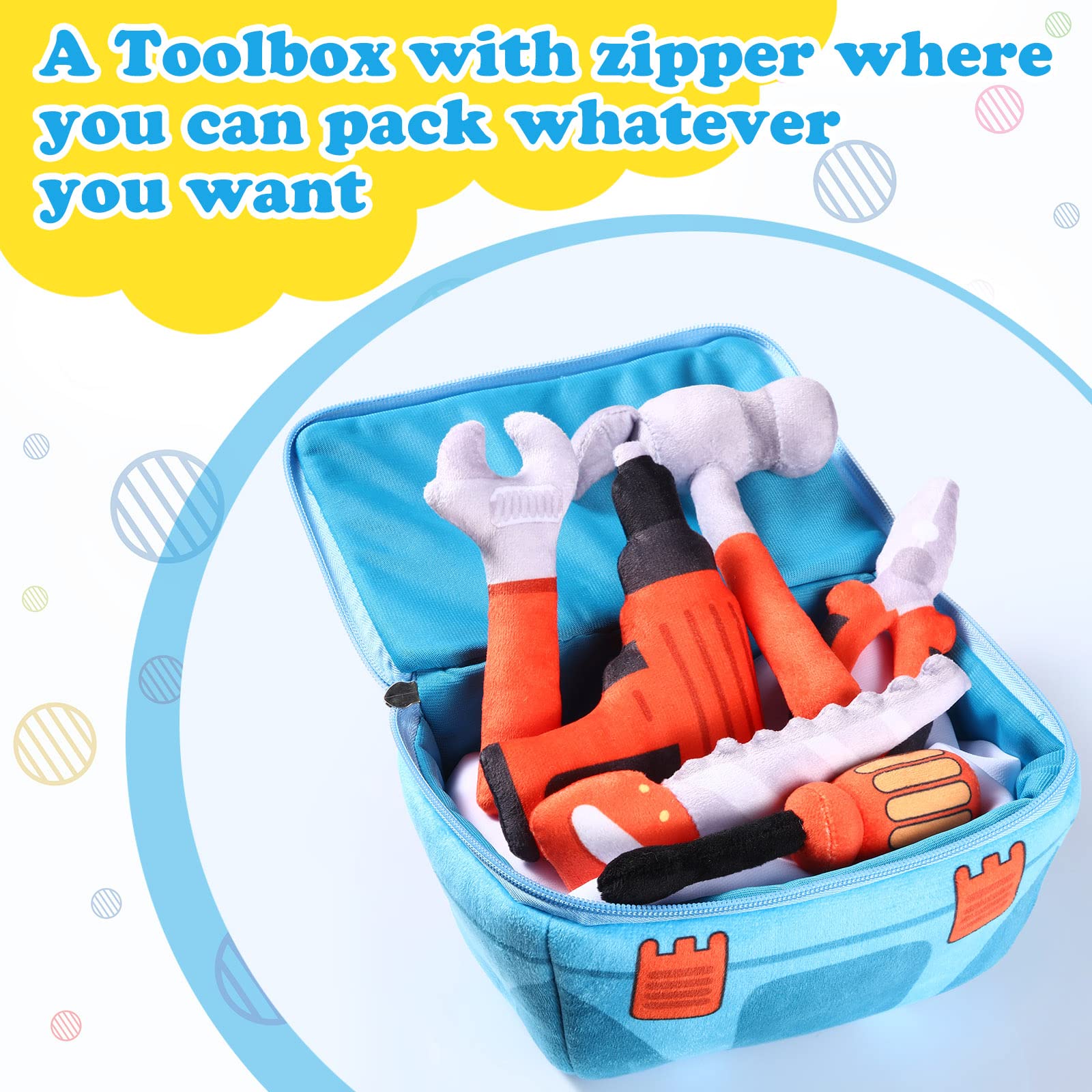 7 Pcs My 1st Toolbox Playset Stuffed Construction Tools Plush Toy Including Drill, Screwdriver, Handsaw, Hammer, Wrench, Plier and Zippered Tool Box for Toddlers Kids Birthday Party Favor