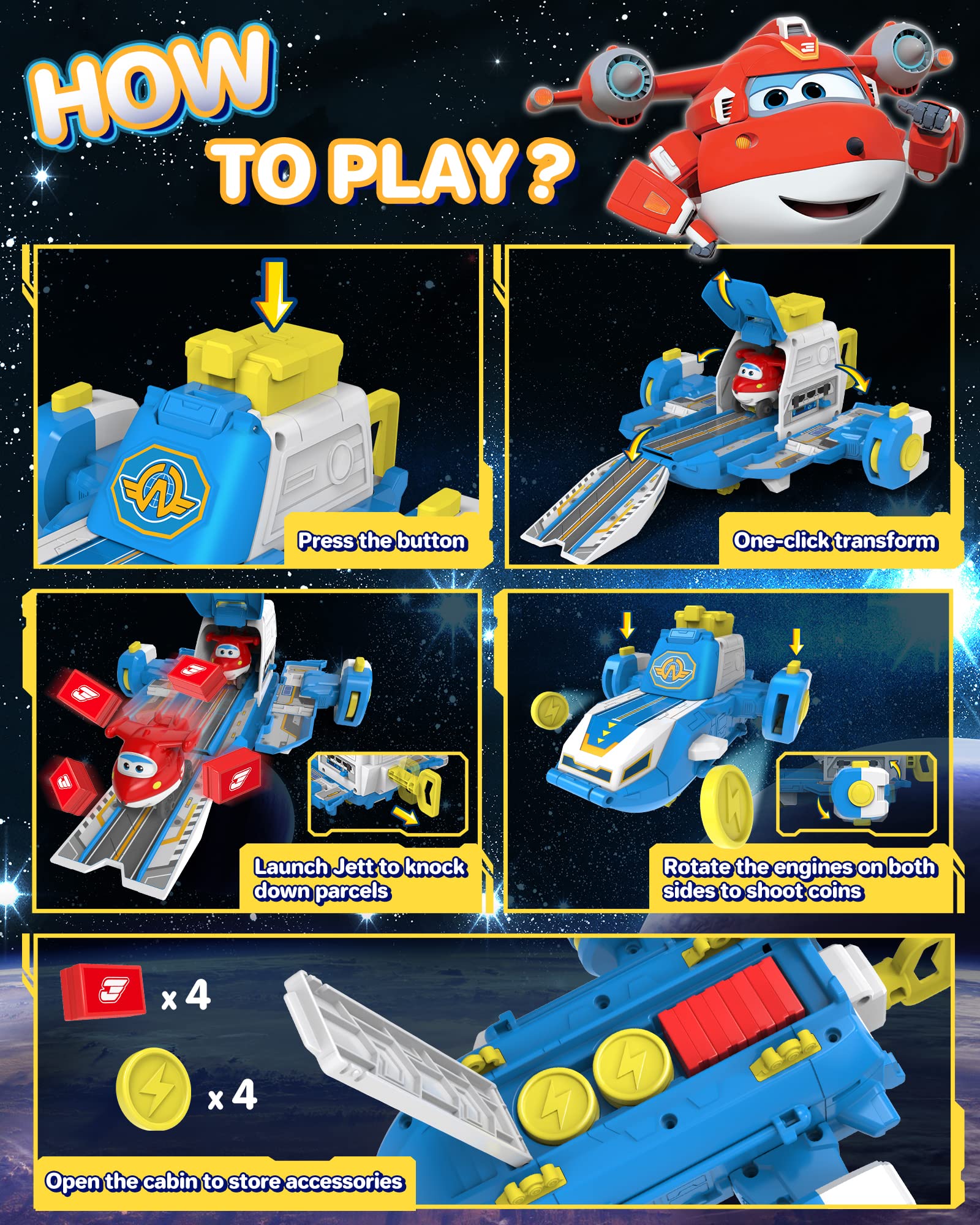 Super Wings Mini World Aircraft Playset, Includes 2" Transform-a-Bot Jett and Gold Coins & Parcels, Preschool Educational Learning Toys for Age 3+, Birthday Gifts for Kids