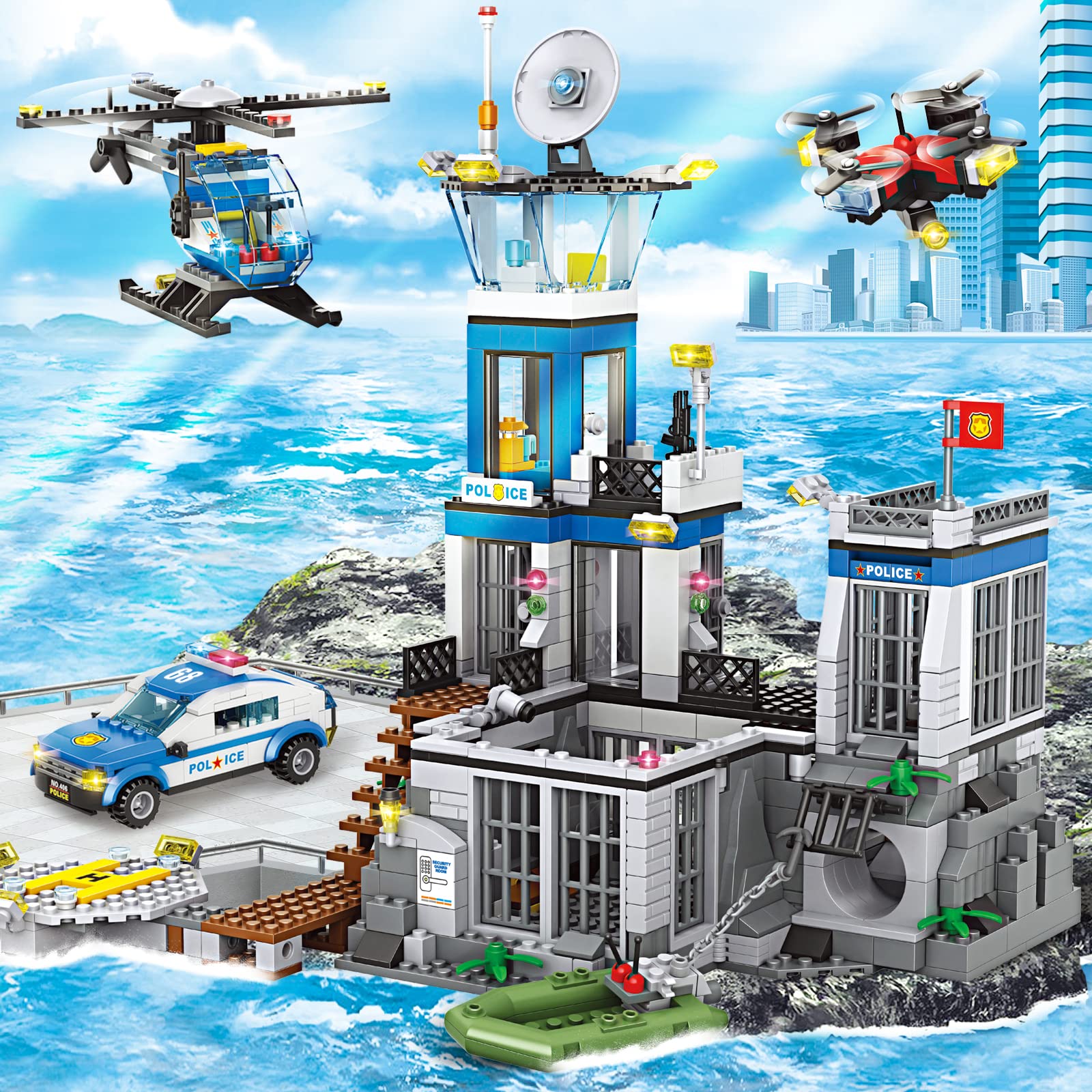 City Police Prison Island Building Blocks Set, Police Station Building Toy Kit with Police Car Drone Helicopter Boats, Best Preschool Toys Gift for Kids, Boys, and Girls Aged 6+ (946 Pieces)