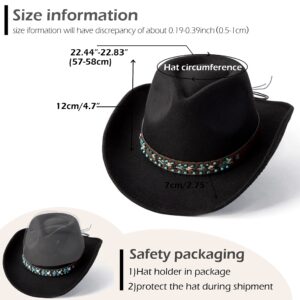 Gossifan Western Cowboy & Cowgirl Hat Felt Wide Brim Women Men Fedora Hats-B Belt Black