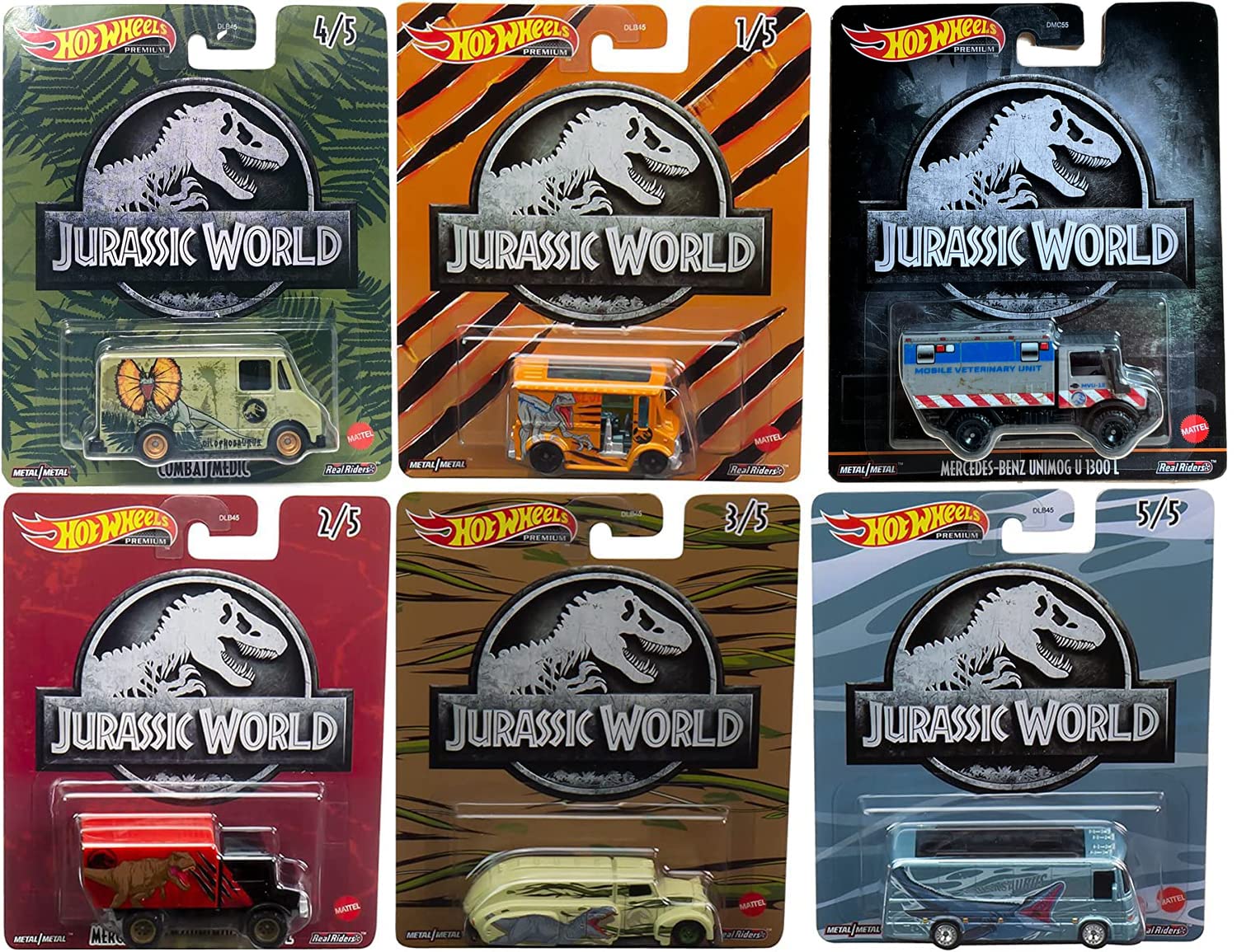 Hot Wheels World Dino Cars Jurassic Dominion Beasts Bundled with Dinosaur Vehicle Premium Cars + Monster Truck / Bus / Van / Off Road + MERC Benz Unit 6-Items, Multi