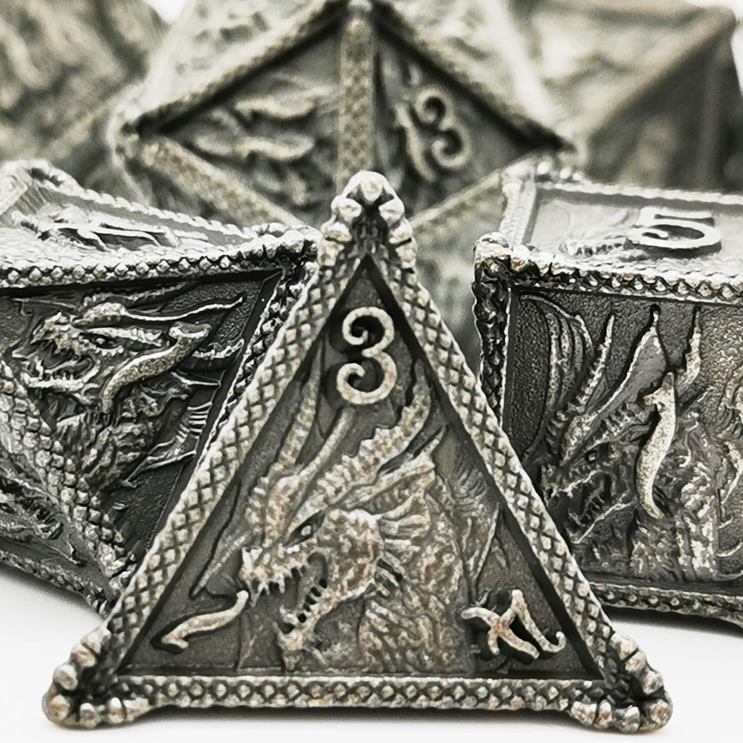 HAOMEJA Dice DND Metal Dragon Set Dice 7 Role Playing Dice D&D Solid Dice Dungeons and Dragons (Antique Iron)