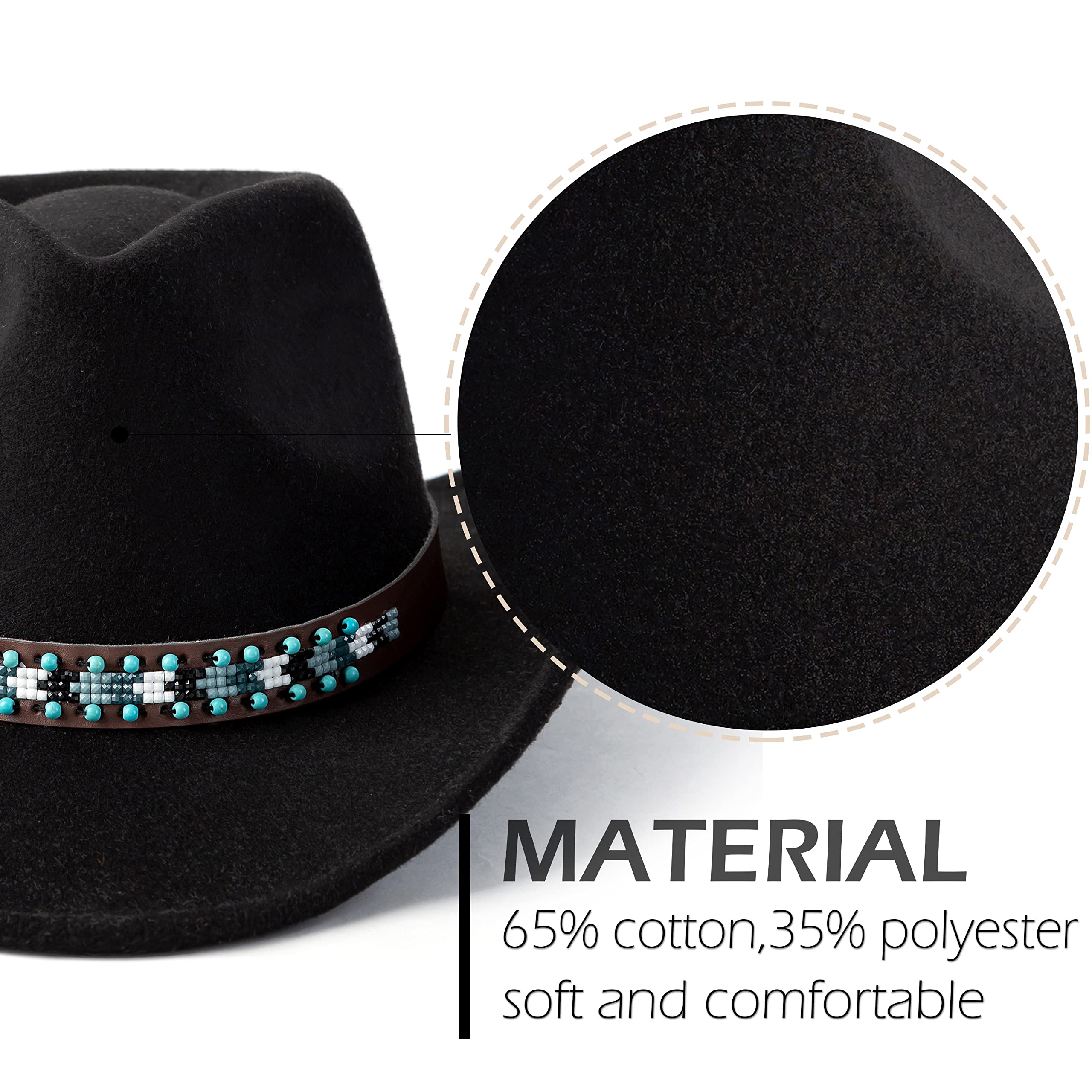 Gossifan Western Cowboy & Cowgirl Hat Felt Wide Brim Women Men Fedora Hats-B Belt Black