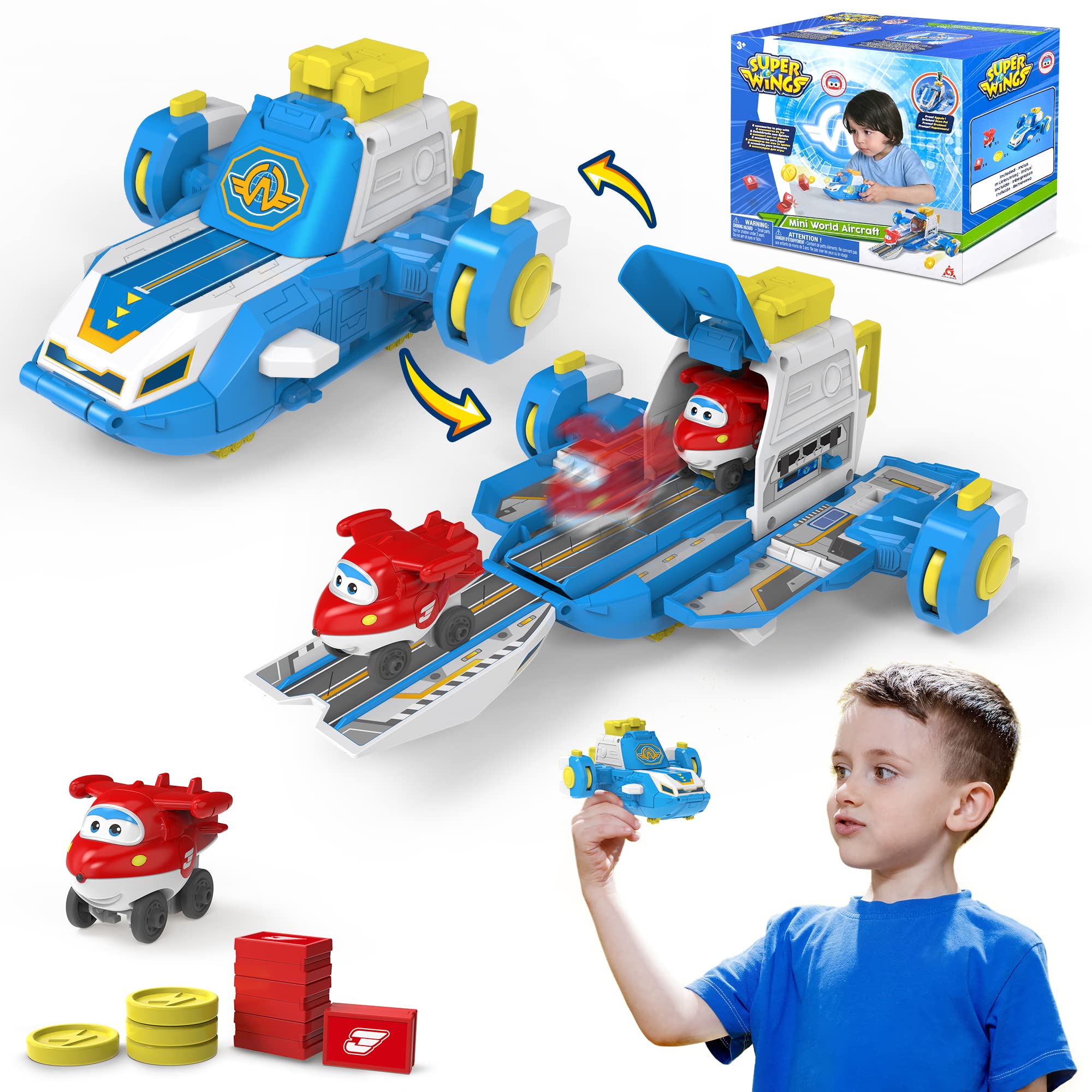 Super Wings Mini World Aircraft Playset, Includes 2" Transform-a-Bot Jett and Gold Coins & Parcels, Preschool Educational Learning Toys for Age 3+, Birthday Gifts for Kids