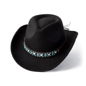 Gossifan Western Cowboy & Cowgirl Hat Felt Wide Brim Women Men Fedora Hats-B Belt Black