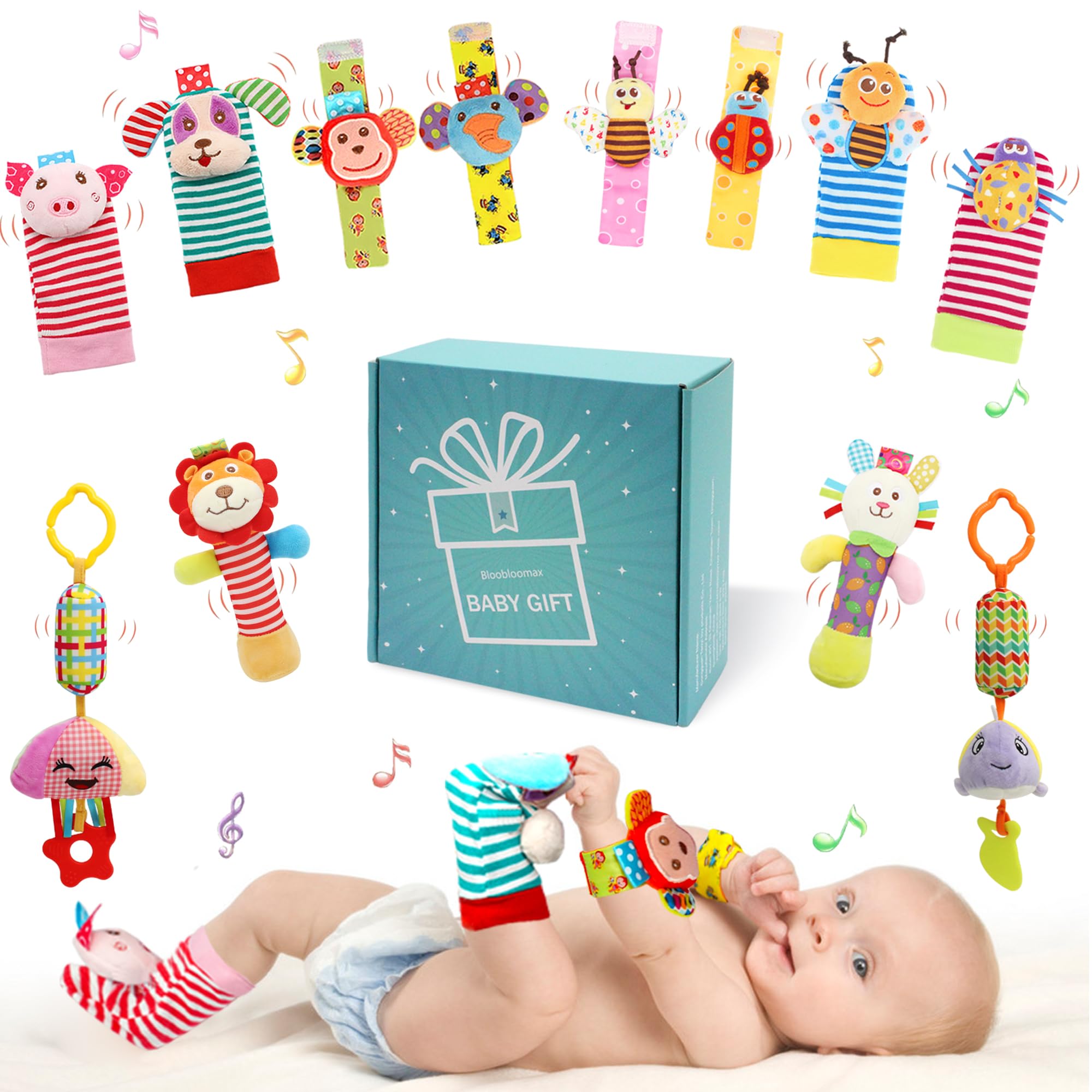 Baby Hanging Toy, Wrist Rattles, Rattle Socks, Handheld Wearable Washable Adjustable Rattle Toy, Newborn Present Baby Shower Birthday Gift Set for 0 1 2 3 Years Old Babies (12PCS-J)