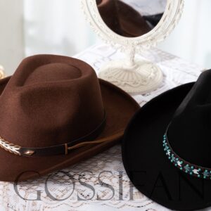 Gossifan Western Cowboy & Cowgirl Hat Felt Wide Brim Women Men Fedora Hats-B Belt Black