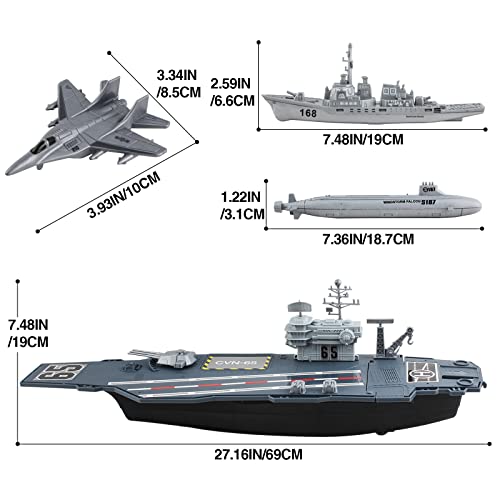 deAO Aircraft Carrier Toy Army Men with Scale Model Warplanes Warships Military Vehicles Battleship Planes Helicopter Trucks Tank Toys for Kids Boys Girls 28 Inches