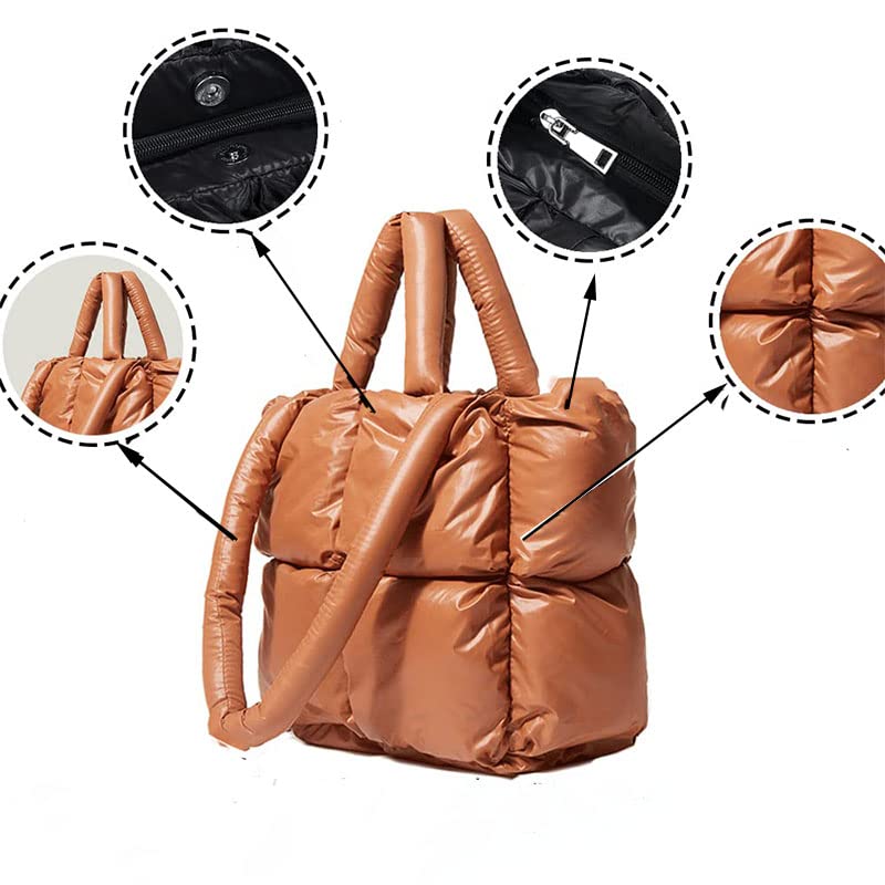 Angryapple Large Puffer Tote Bag,Soft Small Square Filled One Shoulder Portable Women's Bag,Winter Soft Bag (brown)