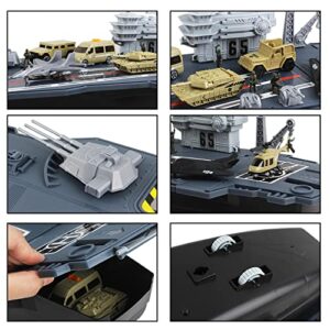 deAO Aircraft Carrier Toy Army Men with Scale Model Warplanes Warships Military Vehicles Battleship Planes Helicopter Trucks Tank Toys for Kids Boys Girls 28 Inches