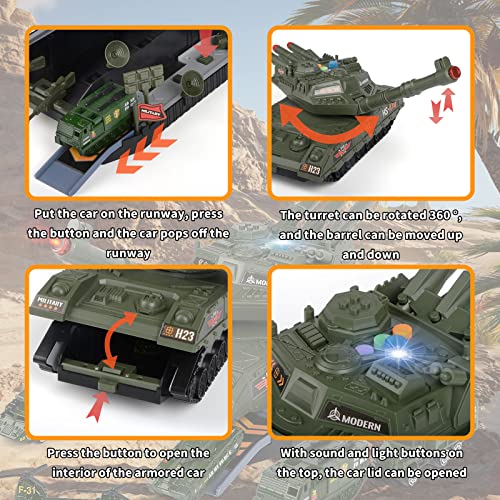 COVTOY Military Toy Tank Set for Kids, Military Transport Tank and 6PCS Army Vehicles, Tank & Vehicle Playset with 3 Sound and Launcher, Birthday Gift for Boys 3-5 Years Old