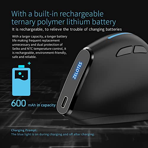 zelotes Ergonomic Vertical Wireless Optical Rechargeable USB Computer Right Handed Mouse