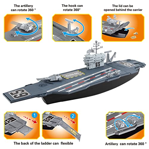 deAO Aircraft Carrier Toy Army Men with Scale Model Warplanes Warships Military Vehicles Battleship Planes Helicopter Trucks Tank Toys for Kids Boys Girls 28 Inches