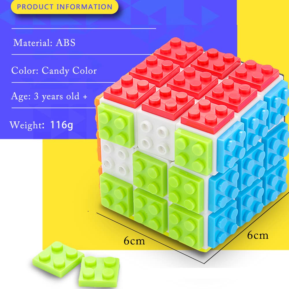 Ulanlan Speed Magic Cube 3x3 Build-on Brick Smooth Turning Magic Cube Brain Teaser Puzzle and Building Bricks Toy Desk Toy Great Gift for Legos Fan (Brick Separator Included)