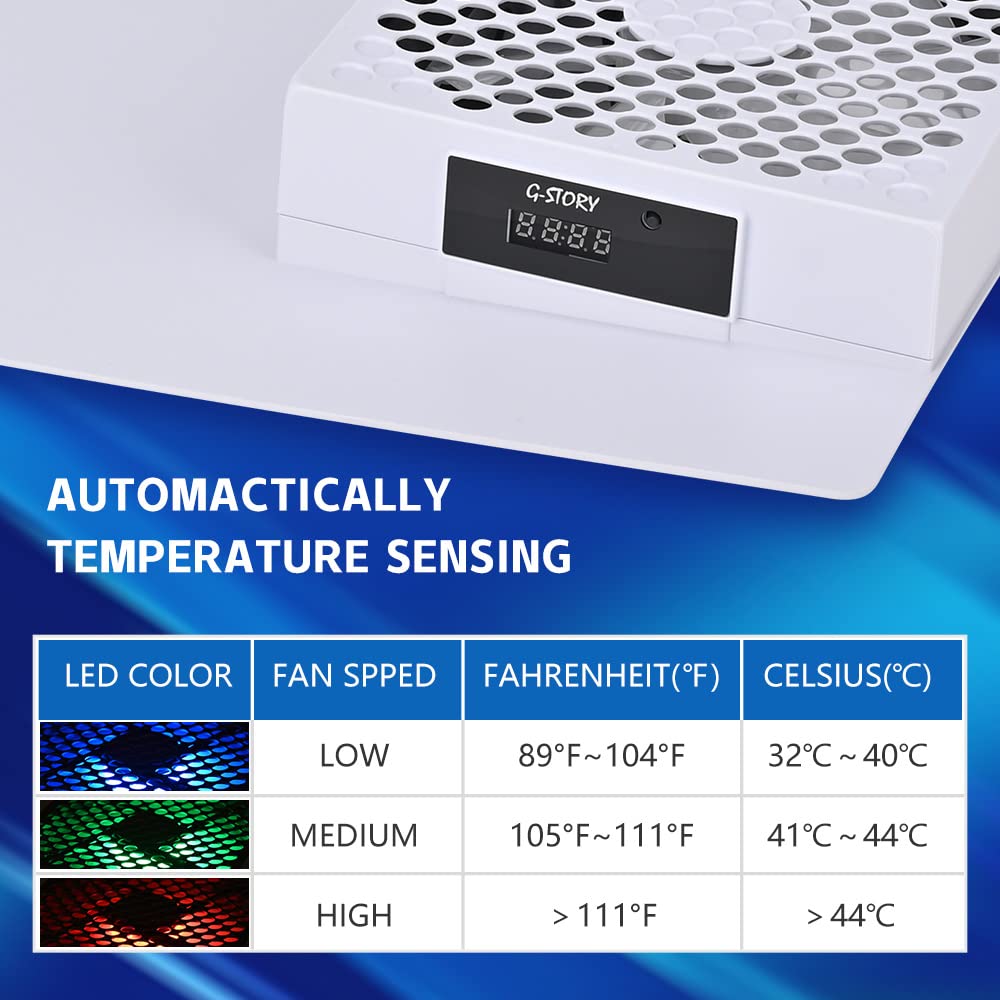 G-STORY PS5 Cooling Fan,PS5 Fan Cooler System, Speed Automactically Adjusted by Temperature(℃/℉), Low Noise, 3 1500/1750/2000RPM (140MM) with RGB LED (White)