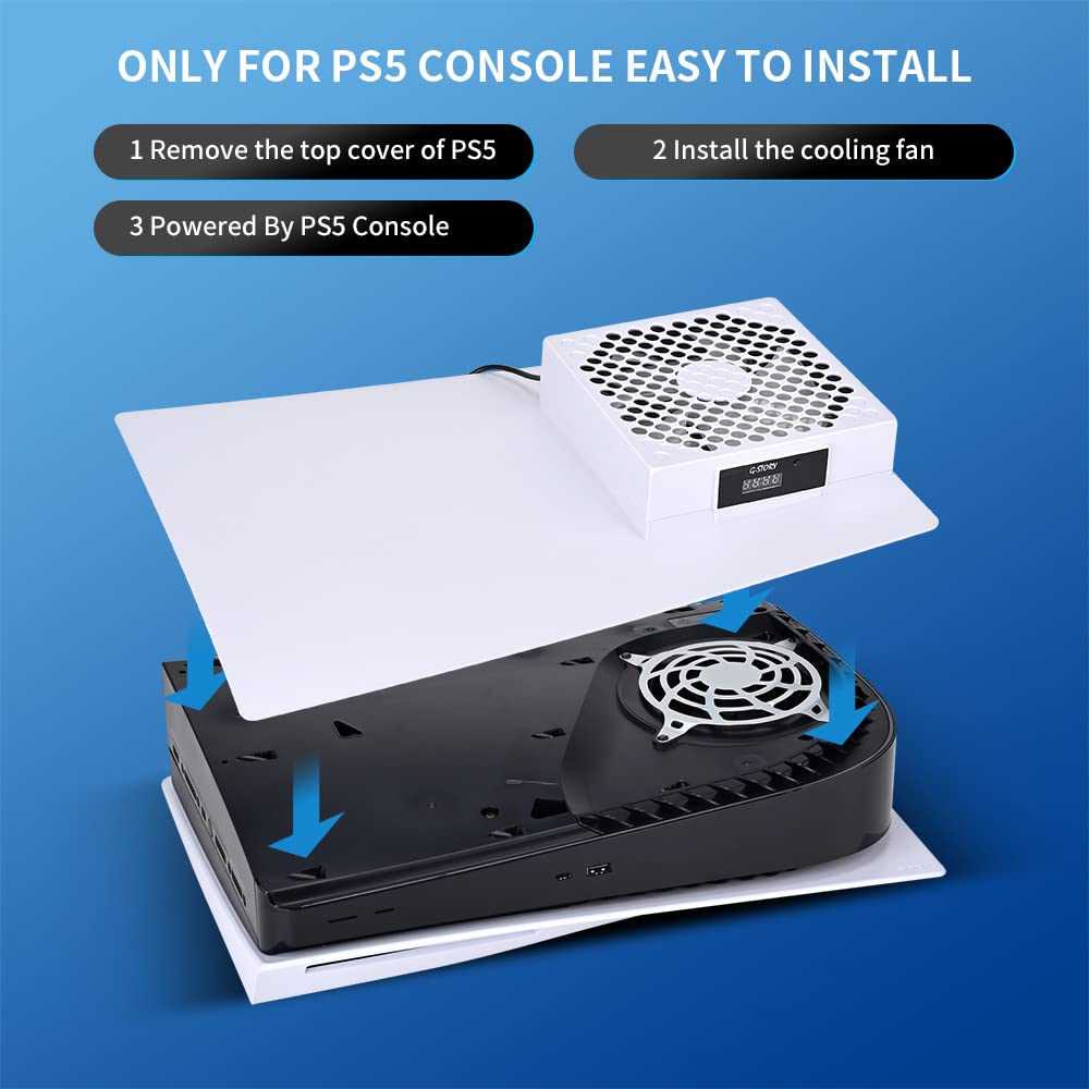 G-STORY PS5 Cooling Fan,PS5 Fan Cooler System, Speed Automactically Adjusted by Temperature(℃/℉), Low Noise, 3 1500/1750/2000RPM (140MM) with RGB LED (White)