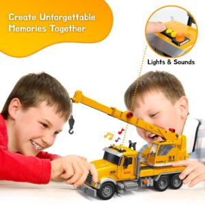 Crane Fire Truck Toy Truck Set - Kids Construction Crane Truck w/ Extending Arm, Rotation, Various Props and Buttons + Sounds & Lights - Toy Crane Truck for Boys Age 4-7, Girls, 3 Years Old+