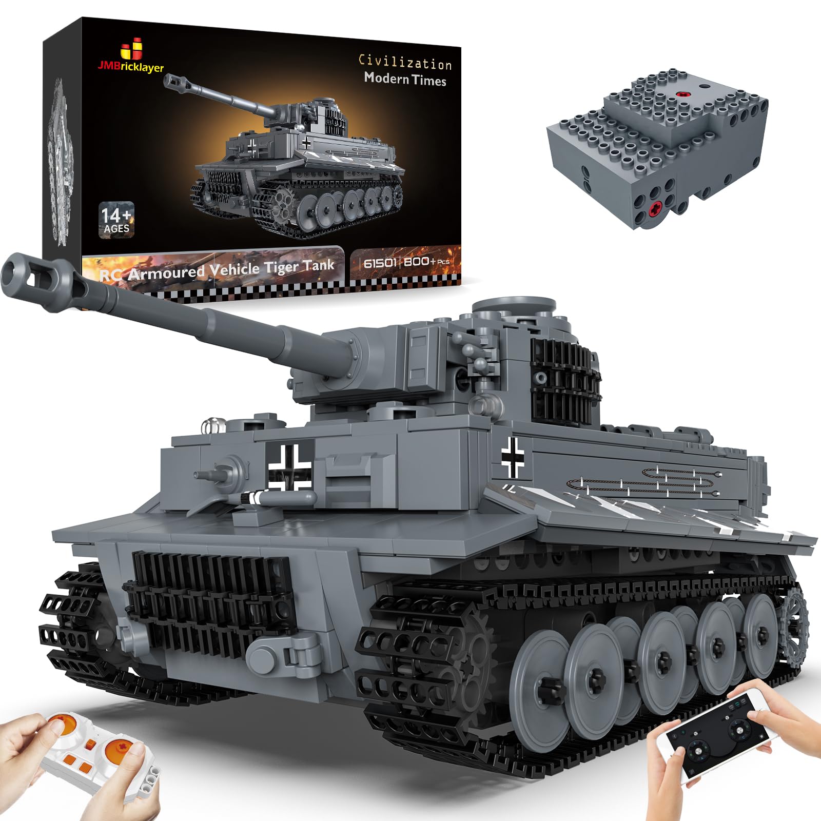 JMBricklayer Tank Building Sets for Adults or Boys - WW2 Military RC Tiger Army Tank Model Toy, Armed Construction Vehicle Set Ideal Gifts Toys 61501