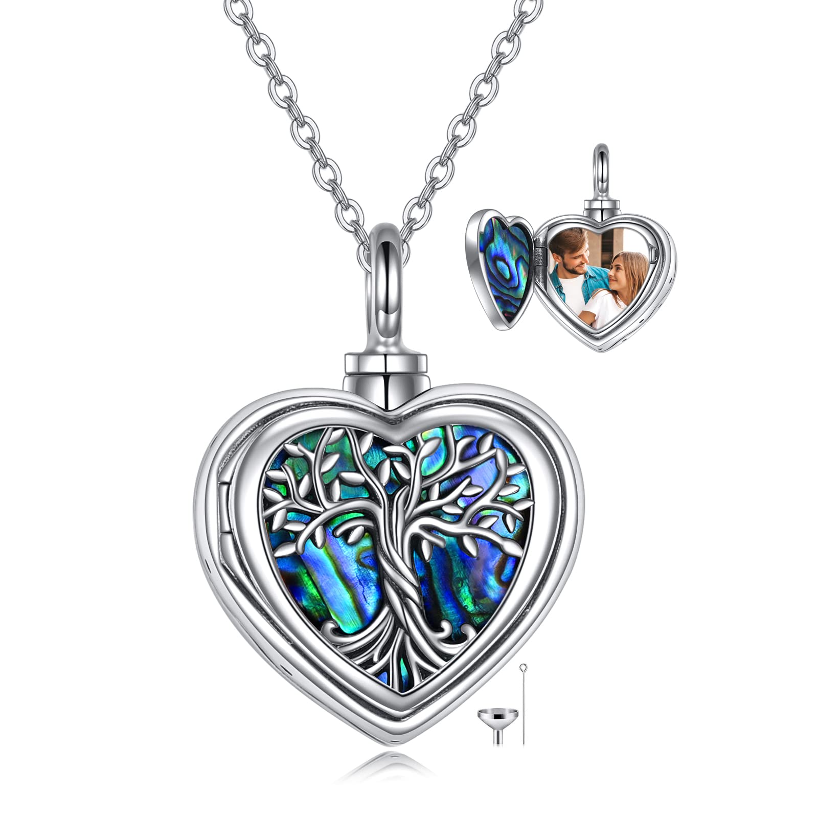 ONEFINITY Tree of Life Urn Necklaces for Ashes Sterling Silver Abalone Shell Tree of Life Locket Necklace That Holds Pictures Heart Cremation Jewelry for Ashes Memory Jewelry for Women Men