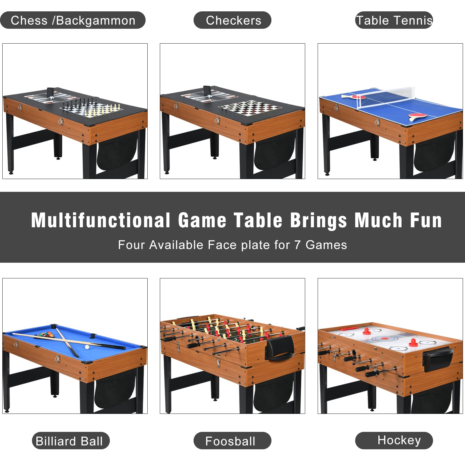 RayChee 4ft 7-in-1 Multi Game Table Set for Home, Game Room, Friends & Family w/Hockey, Pool, Foosball, Ping Pong, Shuffleboard, Chess and Backgammon, Combo Game Table for Adults & Kids