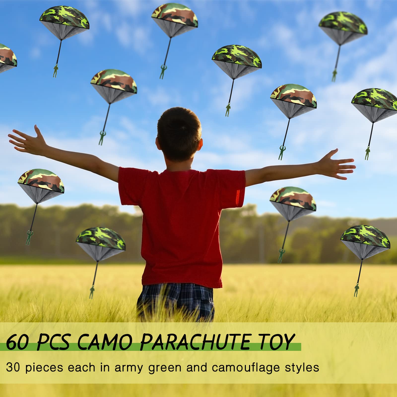 60 Pcs Army Camo Parachute Toys Hand Throwing Camo Parachute Men Toy Plastic Soldiers Army Toy Parachute Army Action Figures Hand Throw Outdoor Flying Gifts for Boys Girls Outdoor Party Game, 2 Styles